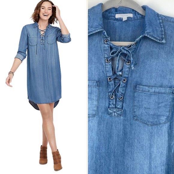 Maurices Dresses & Skirts - Maurices Lace Up Chambray Shirt Dress Womens XS Pockets Lightweight Roll Sleeve